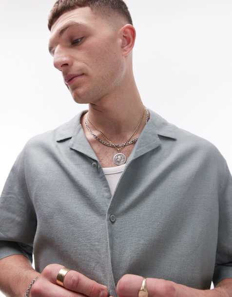 Topman short sleeve boxy linen blend shirt in sage - view 1