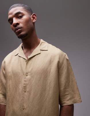 Topman Short Sleeve Boxy Linen Blend Shirt In Stone - Part Of A Set-brown
