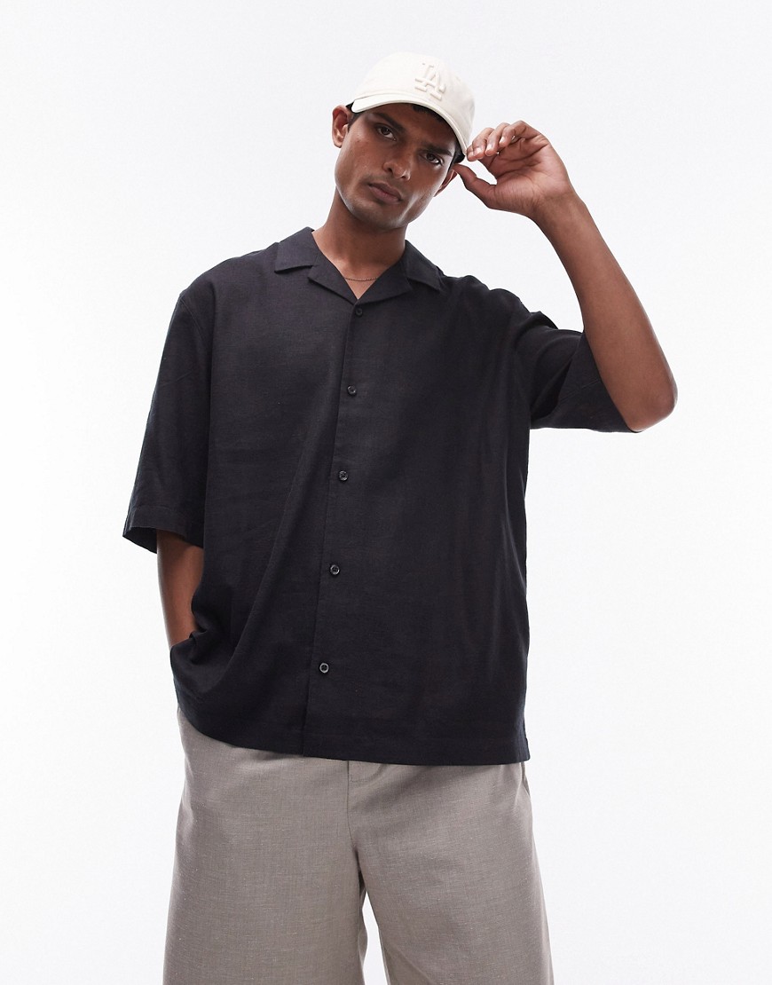 Topman short sleeve boxy linen mix shirt in black