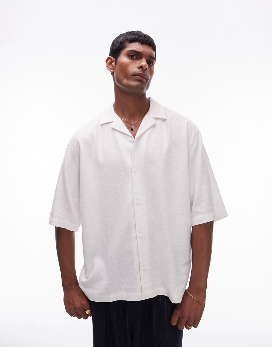 Topman short sleeve boxy linen viscose shirt in ecru-Neutral