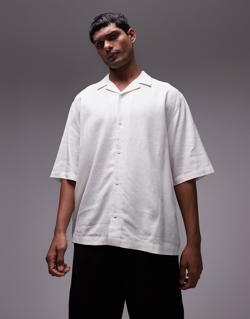 Topman short sleeve boxy linen viscose shirt in ecru-Neutral