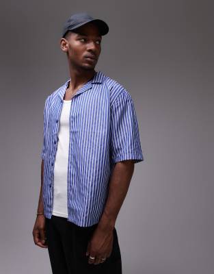 Topman Short Sleeve Boxy Striped Shirt In Blue