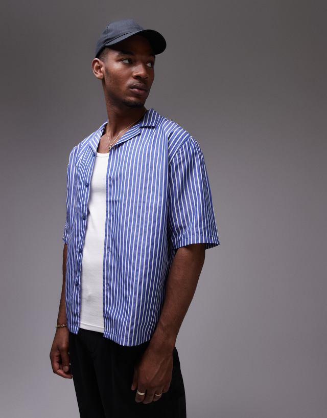 Topman short sleeve boxy striped shirt in blue | ASOS
