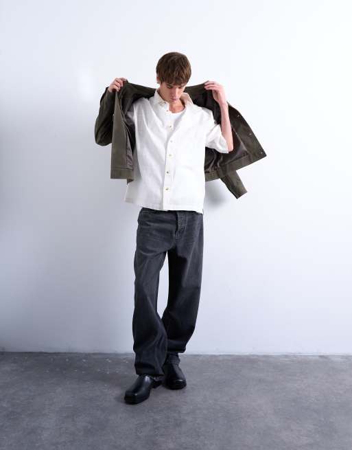 Topman short sleeve boxy textured shirt in ecru, 4 of 5