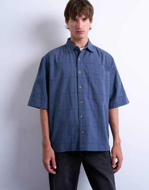 Topman short sleeve boxy textured shirt in mid blue, 3 of 5