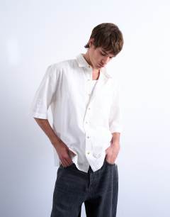 Short sleeve boxy textured shirt in stone