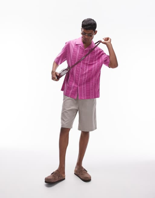 Topman short sleeve broderie holiday piper shirt in washed pink 