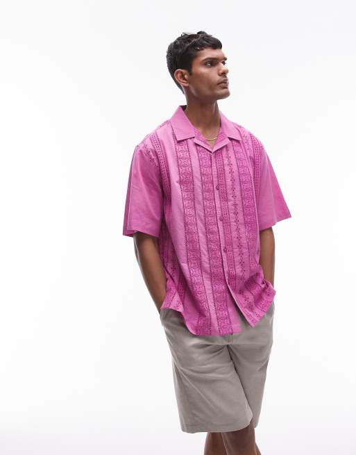 Topman short sleeve broderie holiday shirt in washed pink , 2 of 4