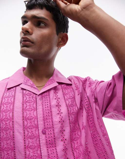 Topman short sleeve broderie holiday shirt in washed pink , 3 of 4