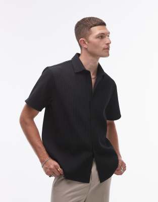 short sleeve button through plisse shirt in black