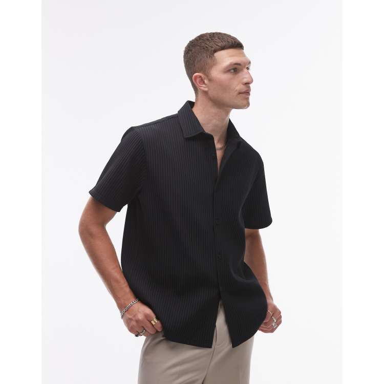 Topman short sleeve button through plisse shirt in black ASOS
