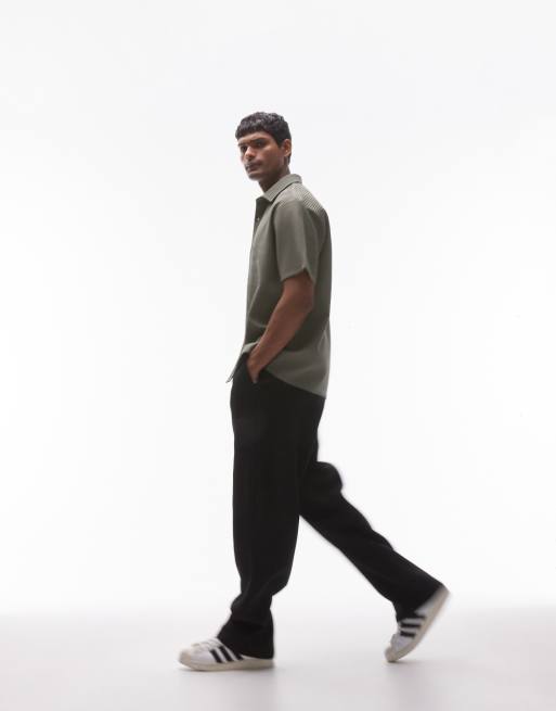 Topman short sleeve button up plisse shirt in khaki