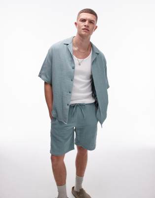 Topman Short Sleeve Cheesecloth Relaxed Shirt In Sage - Part Of A Set-green