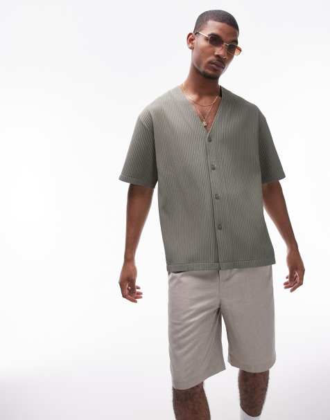 Topman short sleeve collarless plisse shirt in khaki - view 1