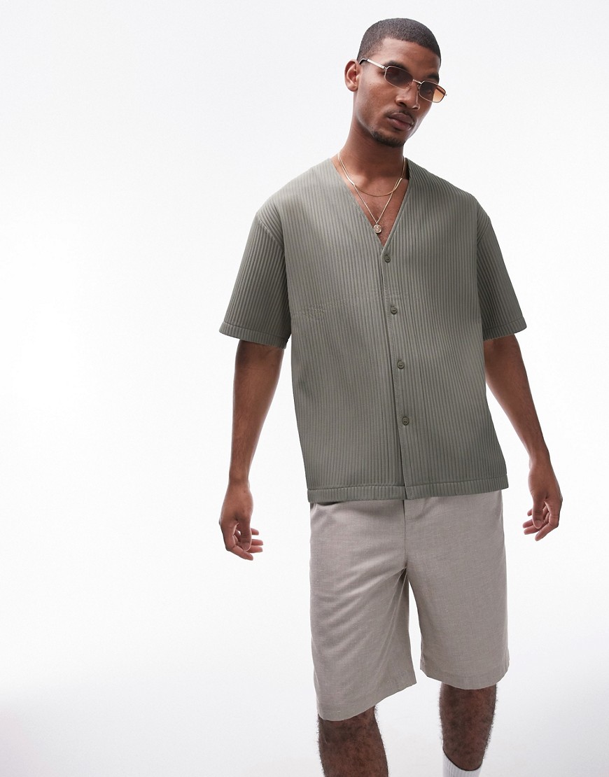 Topman Short Sleeve Collarless Plisse Shirt In Khaki-green