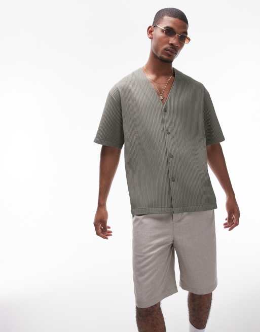 Topman short sleeve collarless plisse Grey shirt in khaki