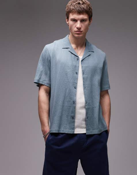 Topman short sleeve crinkle shirt in mid blue - view 1