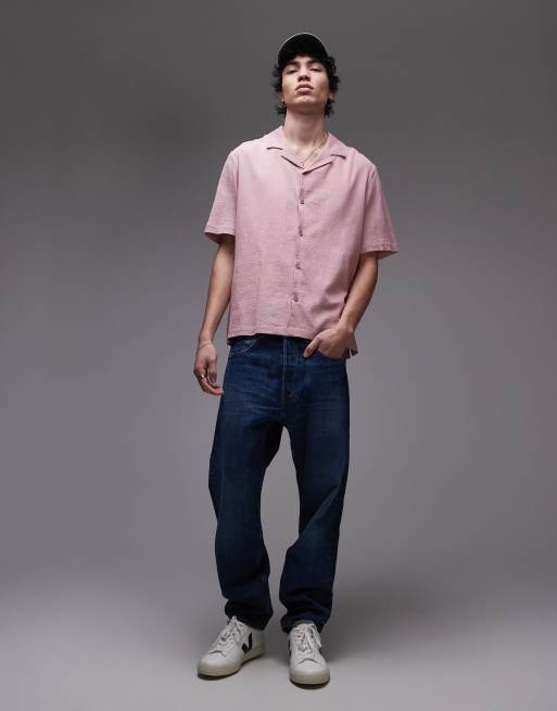 Topman short sleeve crinkle shirt in pink