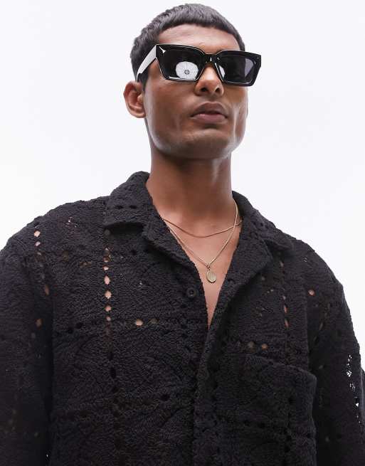 Topman short sleeve crochet camp collar shirt in black