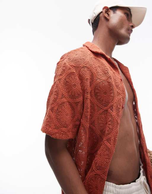  Topman short sleeve crochet circle shirt in red