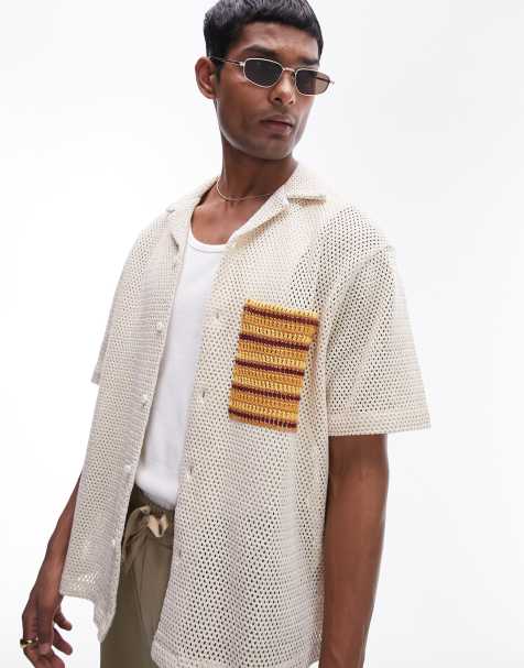 Topman short sleeve crochet pocket shirt in stone - view 1