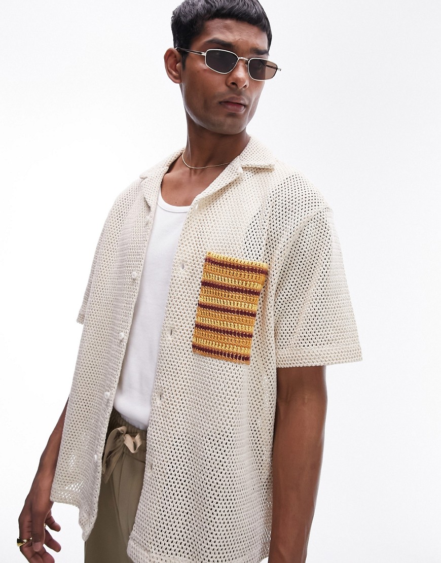 Topman short sleeve crochet pocket shirt in stone-Multi