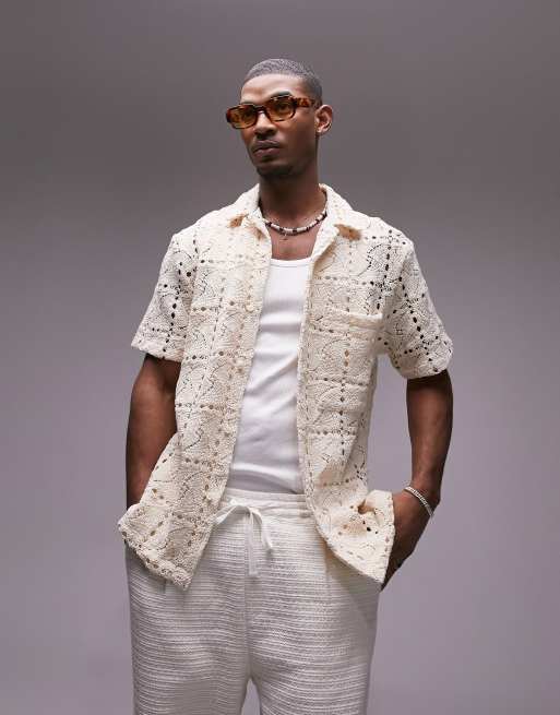 Topman short sleeve crochet revere shirt in ecru