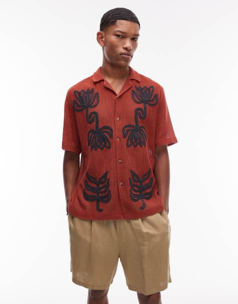 Topman short sleeve crochet roped floral shirt in rust - view 1