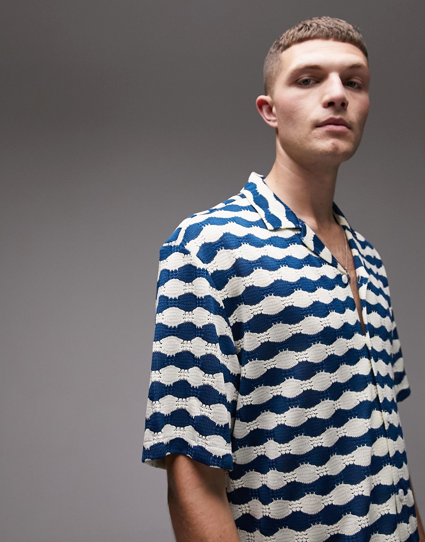 Topman Short Sleeve Crochet Shirt In Blue And White-multi