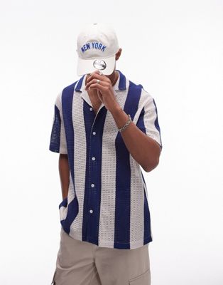 short sleeve crochet striped shirt in blue