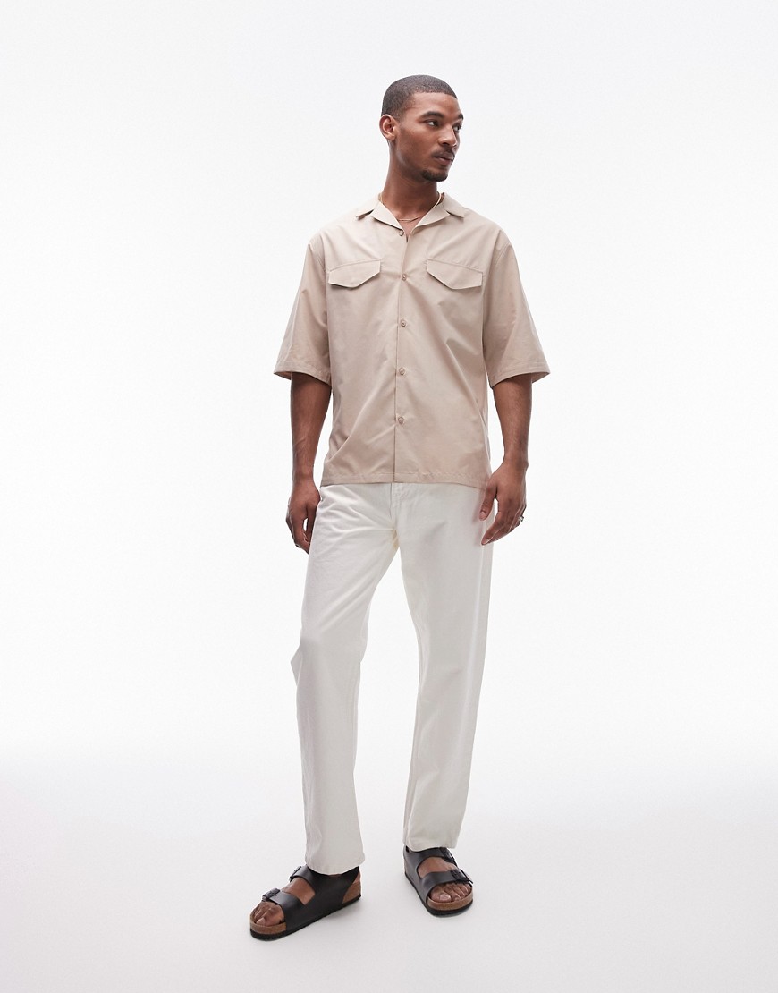 Topman short sleeve double pocket smart shirt in stone-Neutral