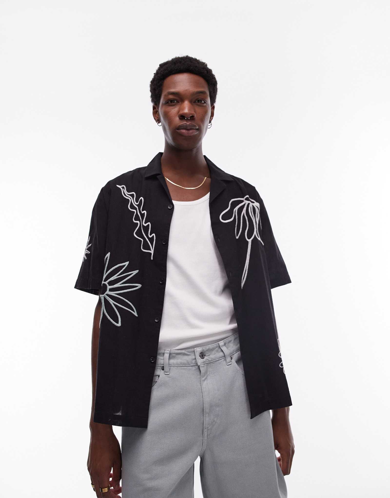 Рубашка Topman с коротким рукавом и вышивкой черного цвета