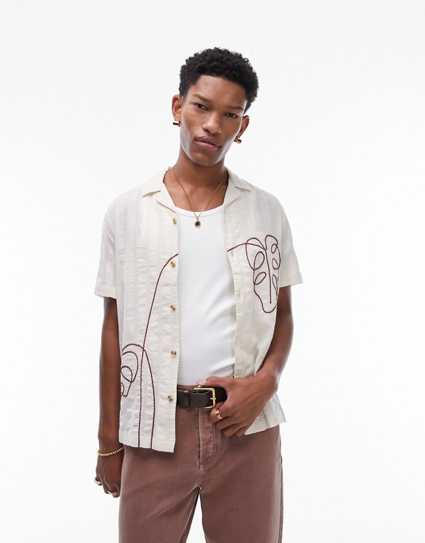 Topman short sleeve embroidered floral shirt in ecru-Neutral