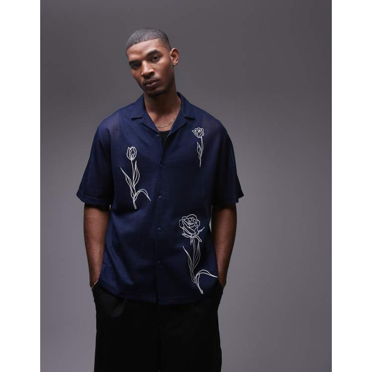 Topman short sleeve embroidered floral shirt in navy ASOS