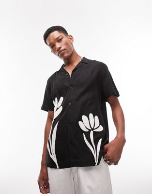 Topman short sleeve embroidered regular fit panel shirt in black