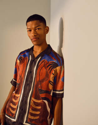 Topman Short Sleeve Face Print Satin Shirt In Multi