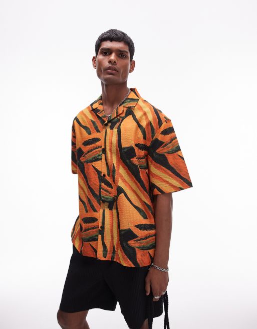 Topman short sleeve festival fruit print seersucker shirt in orange