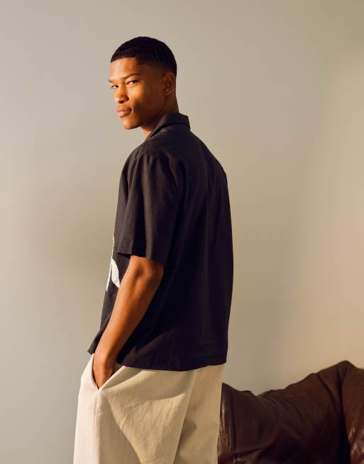 Topman short sleeve floral embroidered shirt in black