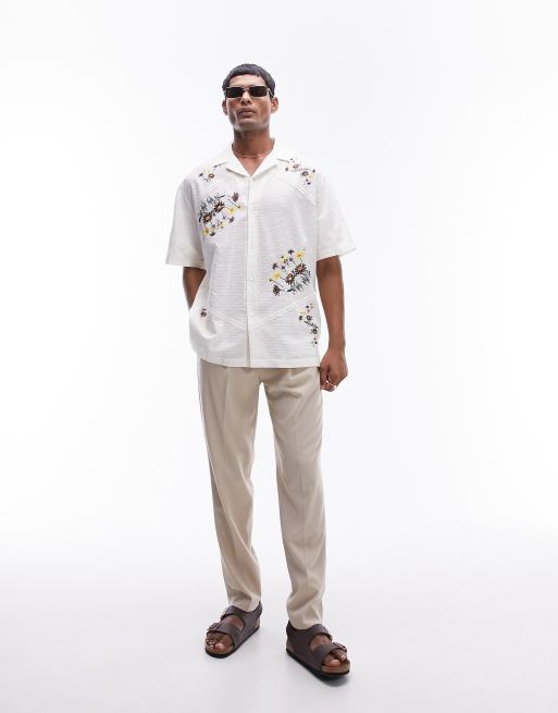 Topman short sleeve floral embroidered textured shirt in white