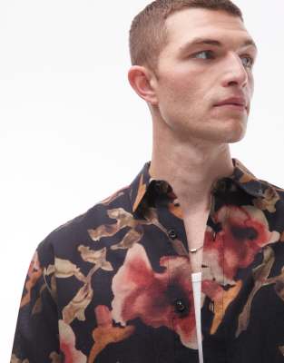 Topman short sleeve floral printed shirt in black