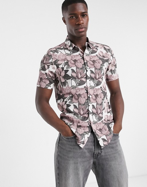Topman short sleeve floral printed shirt in stone
