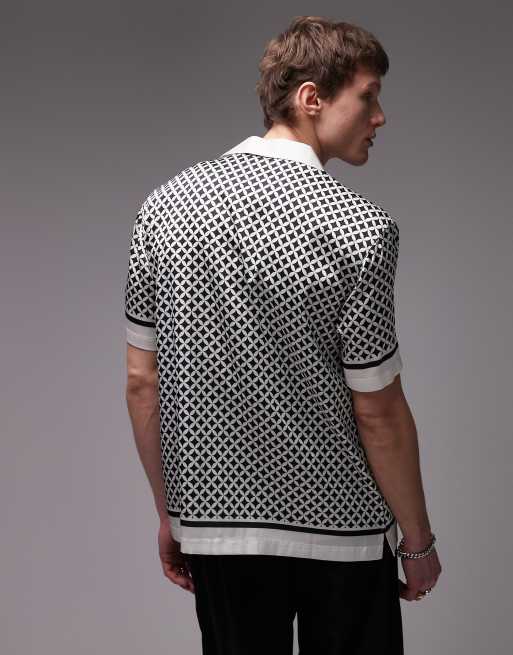 Topman short sleeve geo satin shirt in black