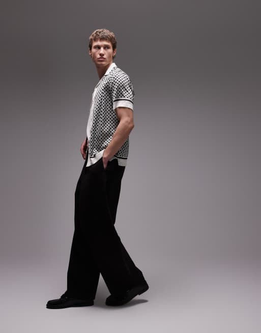 Topman short sleeve geo satin shirt in black