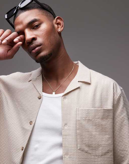 Topman short sleeve gingham seersucker shirt in ecru | ASOS