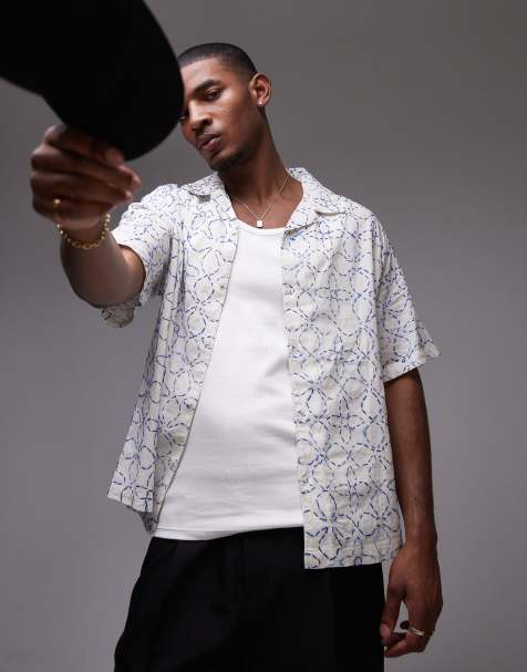 Topman short sleeve hand embroidered floral shirt in white - view 1