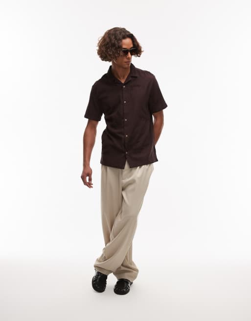 Topman short sleeve hand embroidered shirt in chocolate
