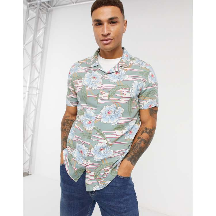 Floral Print Satin Revere Short Sleeve Shirt