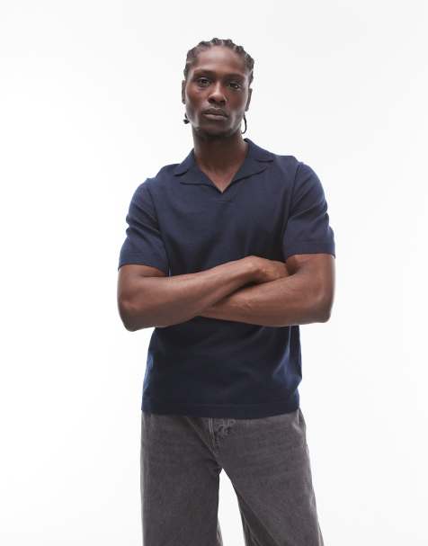 Topman short sleeve knitted open revere shirt in navy