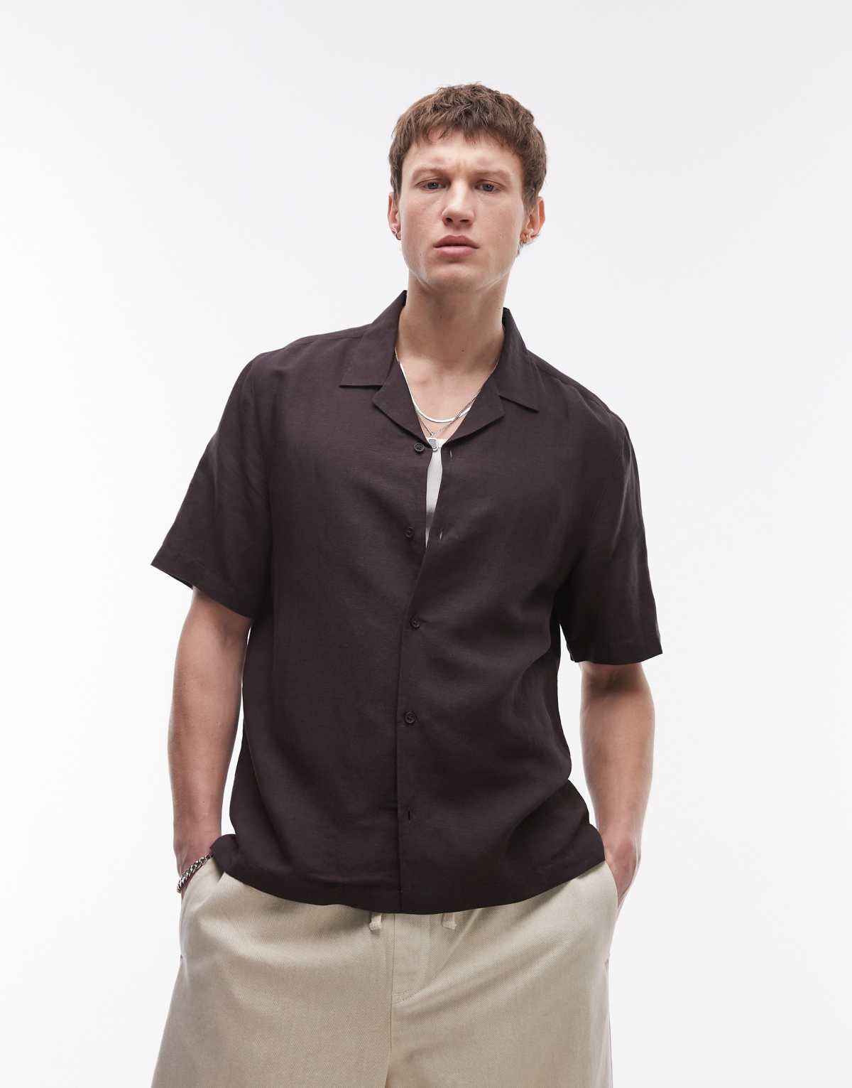 Topman short sleeve linen blend shirt in black