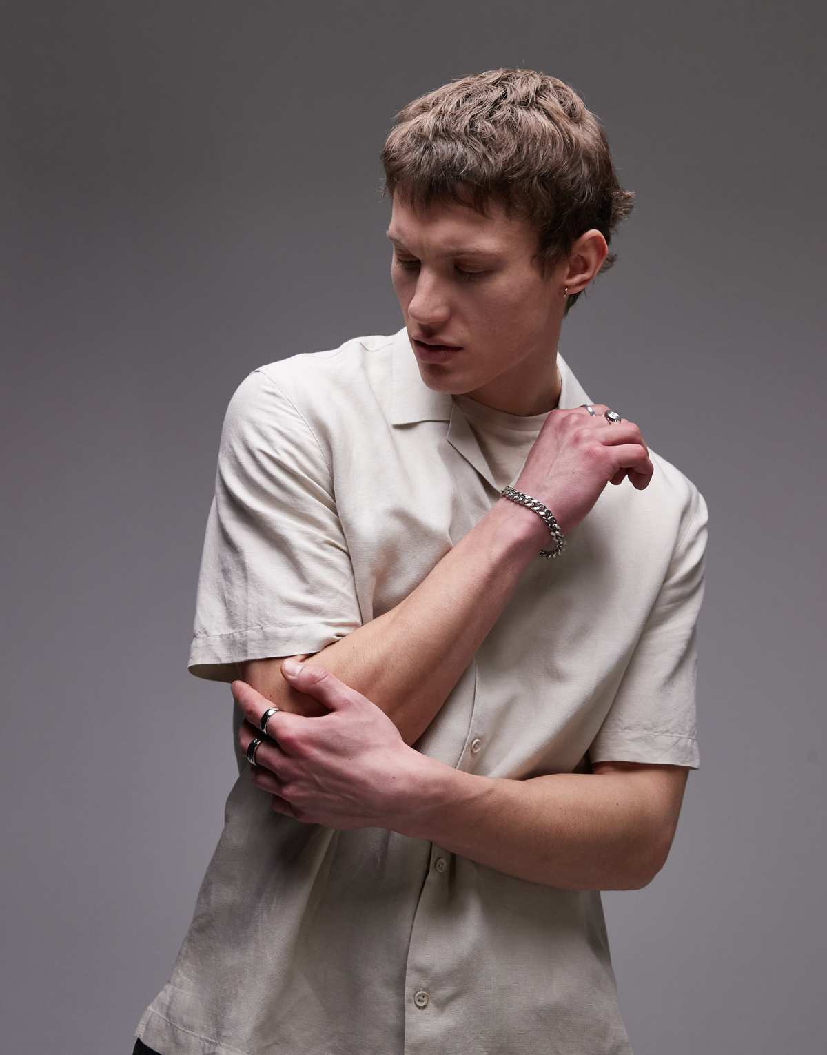 Topman short sleeve linen blend shirt in stone